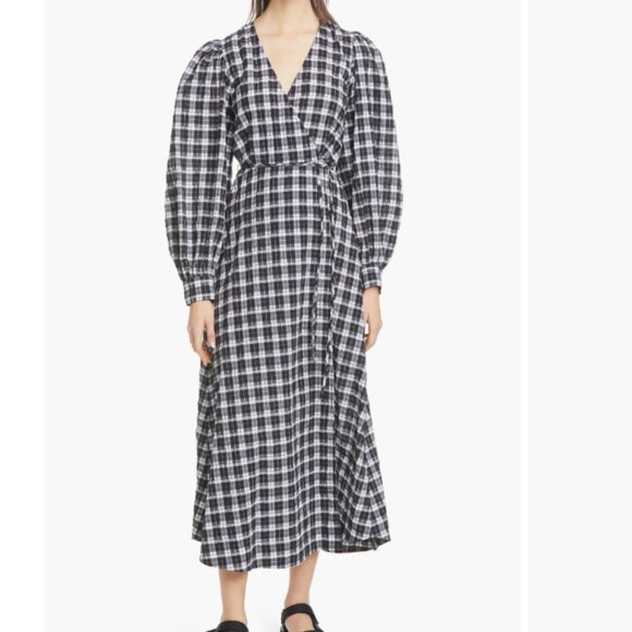 Ganni Long Sleeve Check Seersucker Wrap Dress - Picture 1 of 8